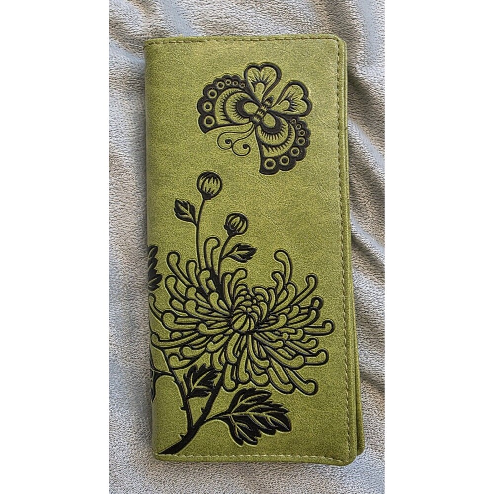 Lavishy Green Floral Butterfly Embossed Long Wallet Vegan Leather Snap Closure